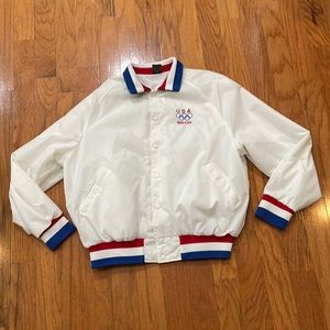 White Bomber Jacket with Red and Blue Accents
